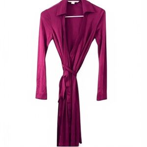 Diane Von Furstenberg Satin Fuchsia Collared Long Sleeve Wrap Dress